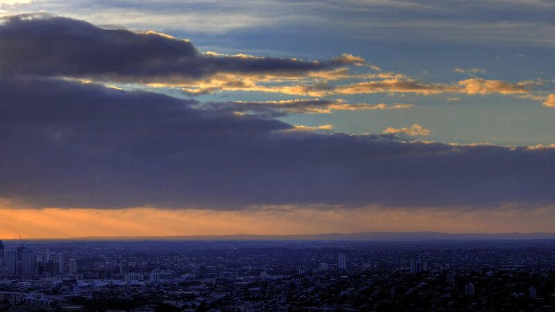 City skyline at sunset