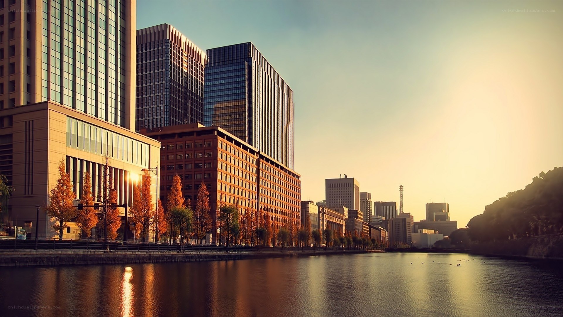 City skyline at sunset