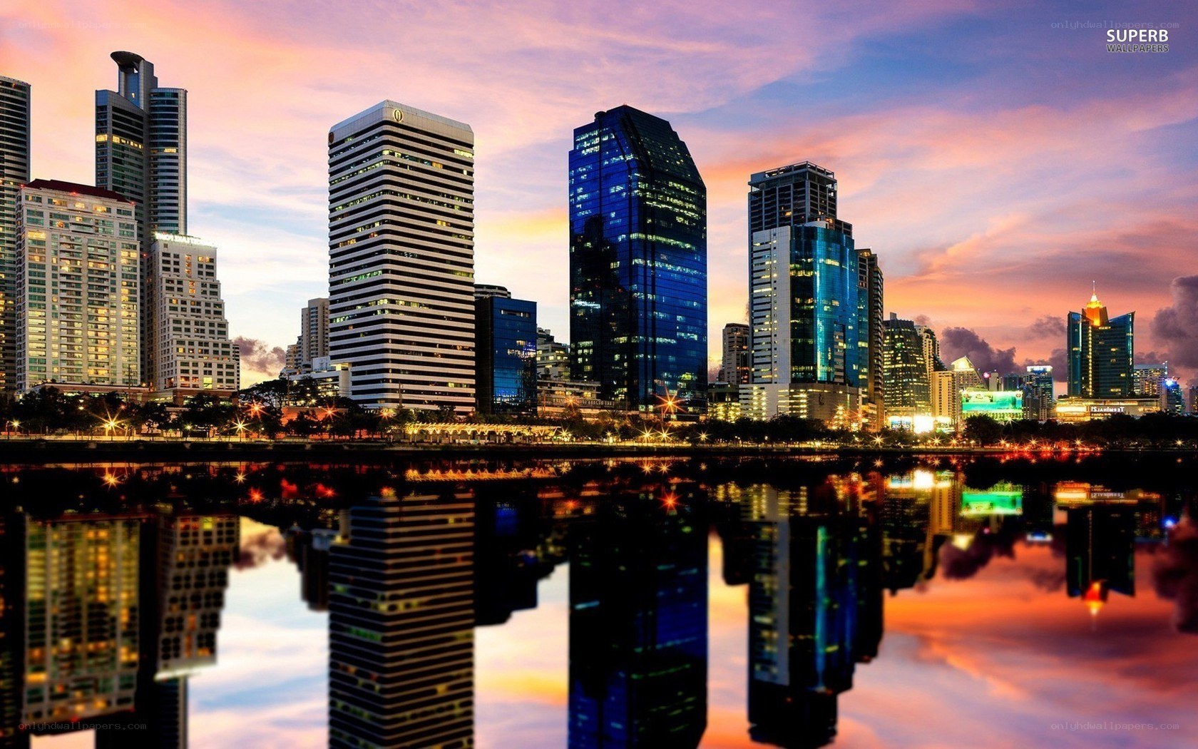 City skyline at sunset