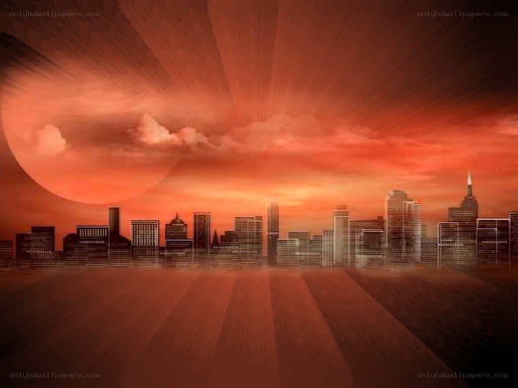 city skyline at sunset