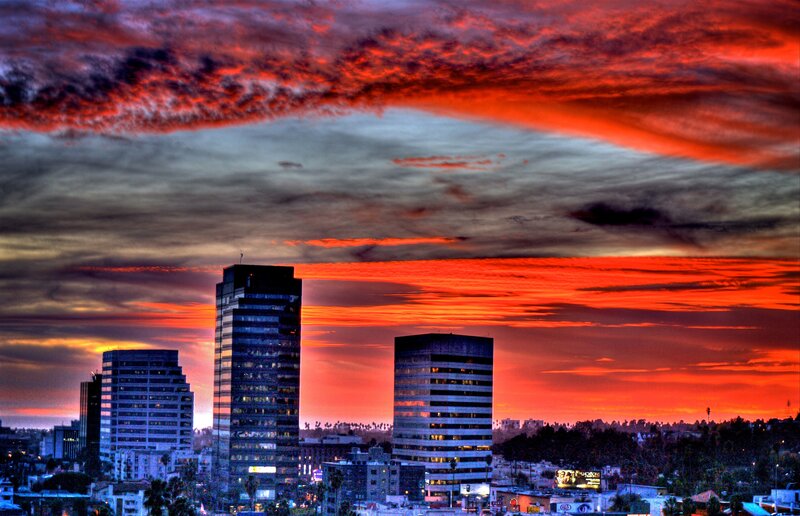 City skyline at sunset