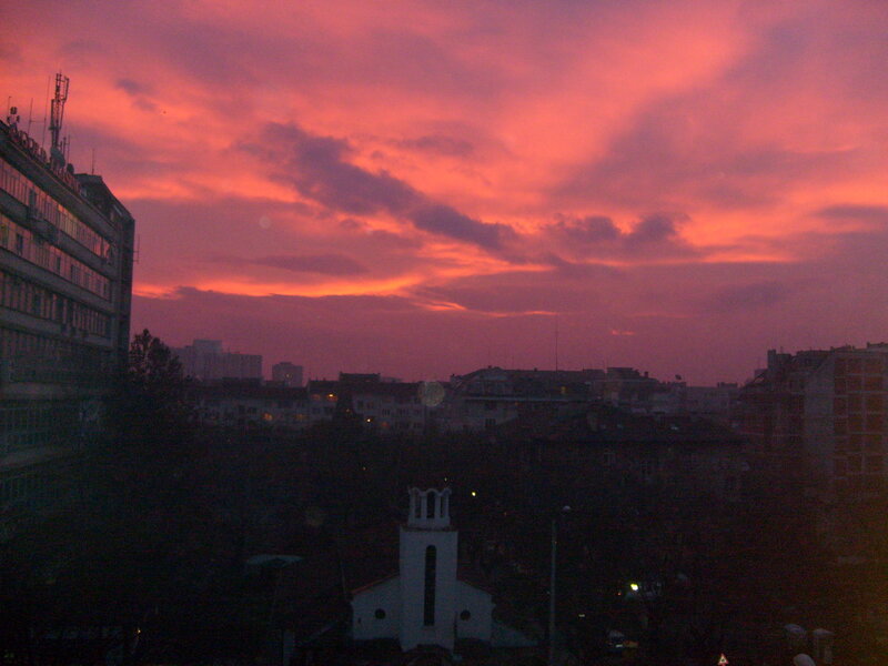 City skyline at sunset