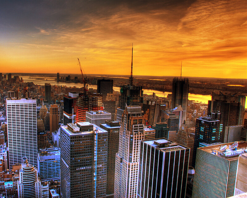 City skyline at sunset
