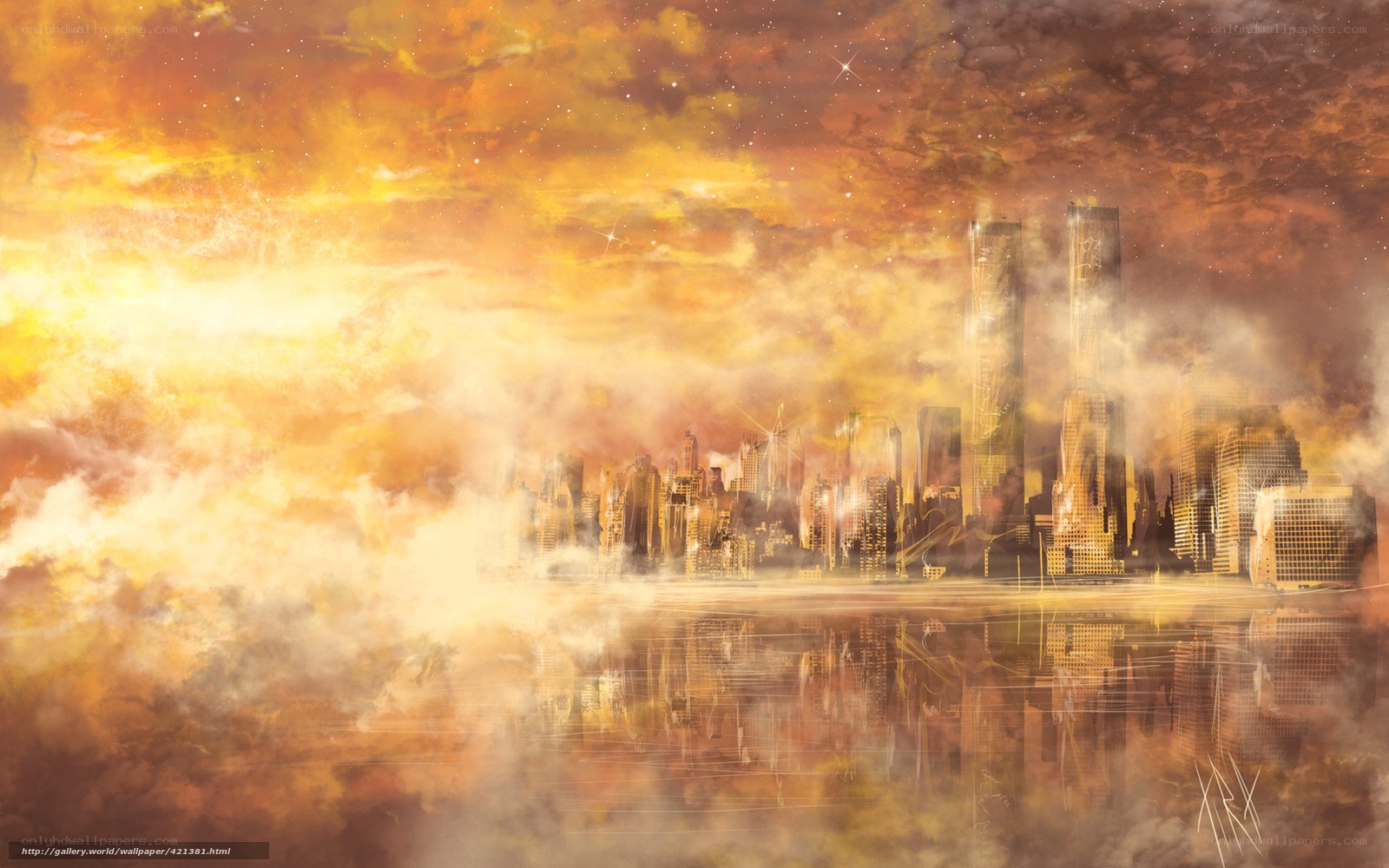 City skyline at sunset