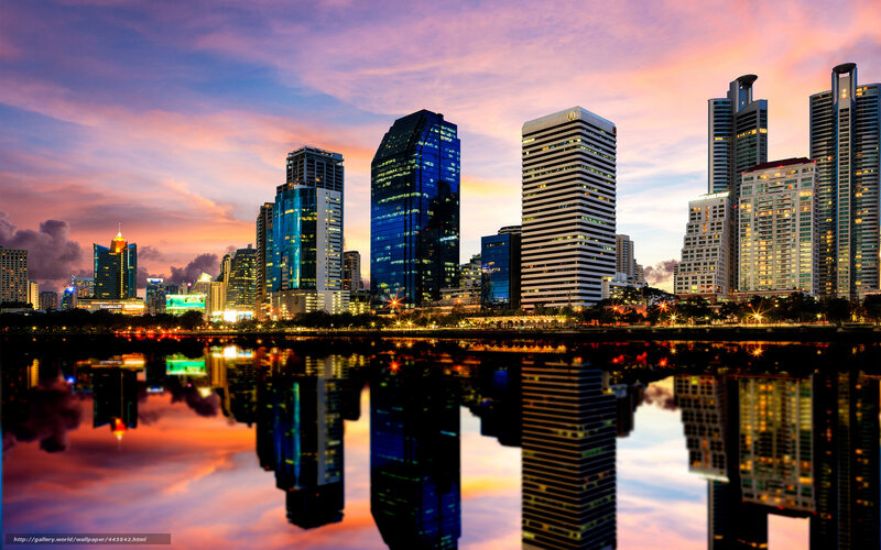 City skyline at sunset