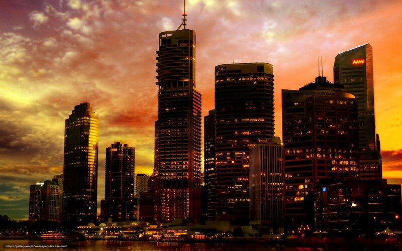 City skyline at sunset