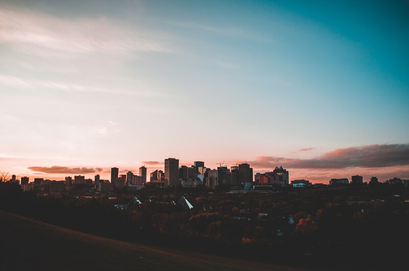 City skyline at sunset