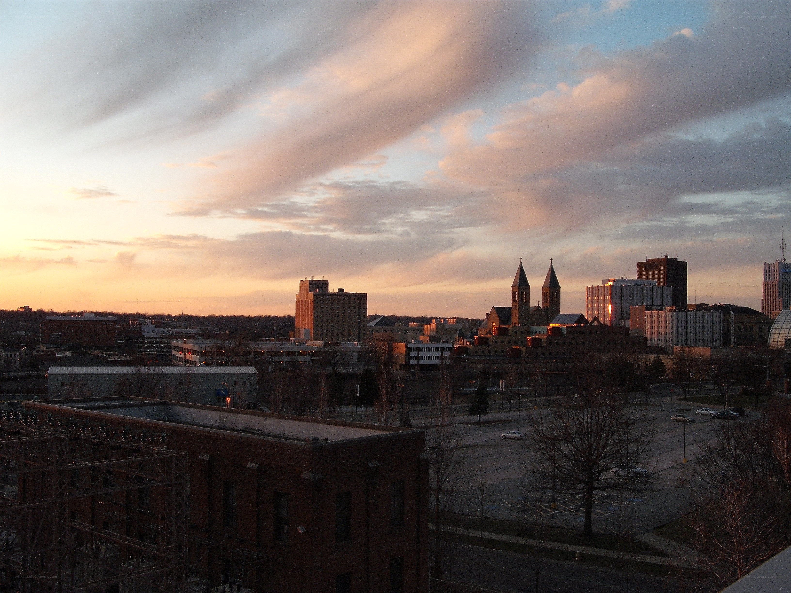 City skyline at sunset