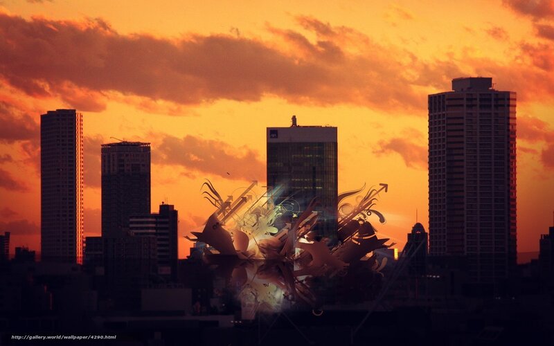 City skyline at sunset