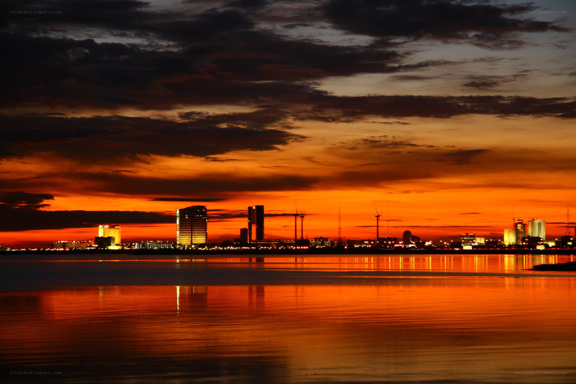 City skyline at sunset
