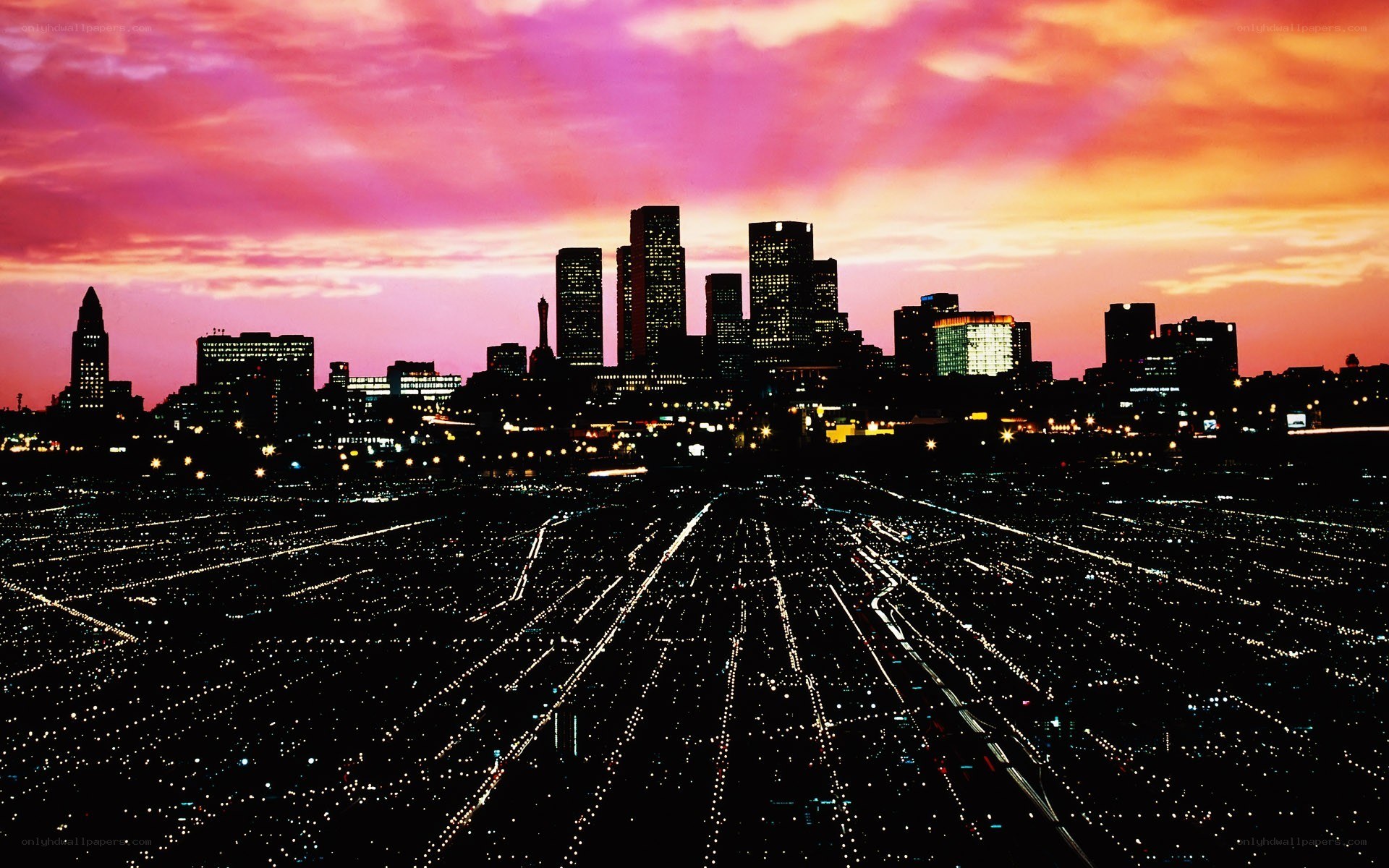 City skyline at sunset