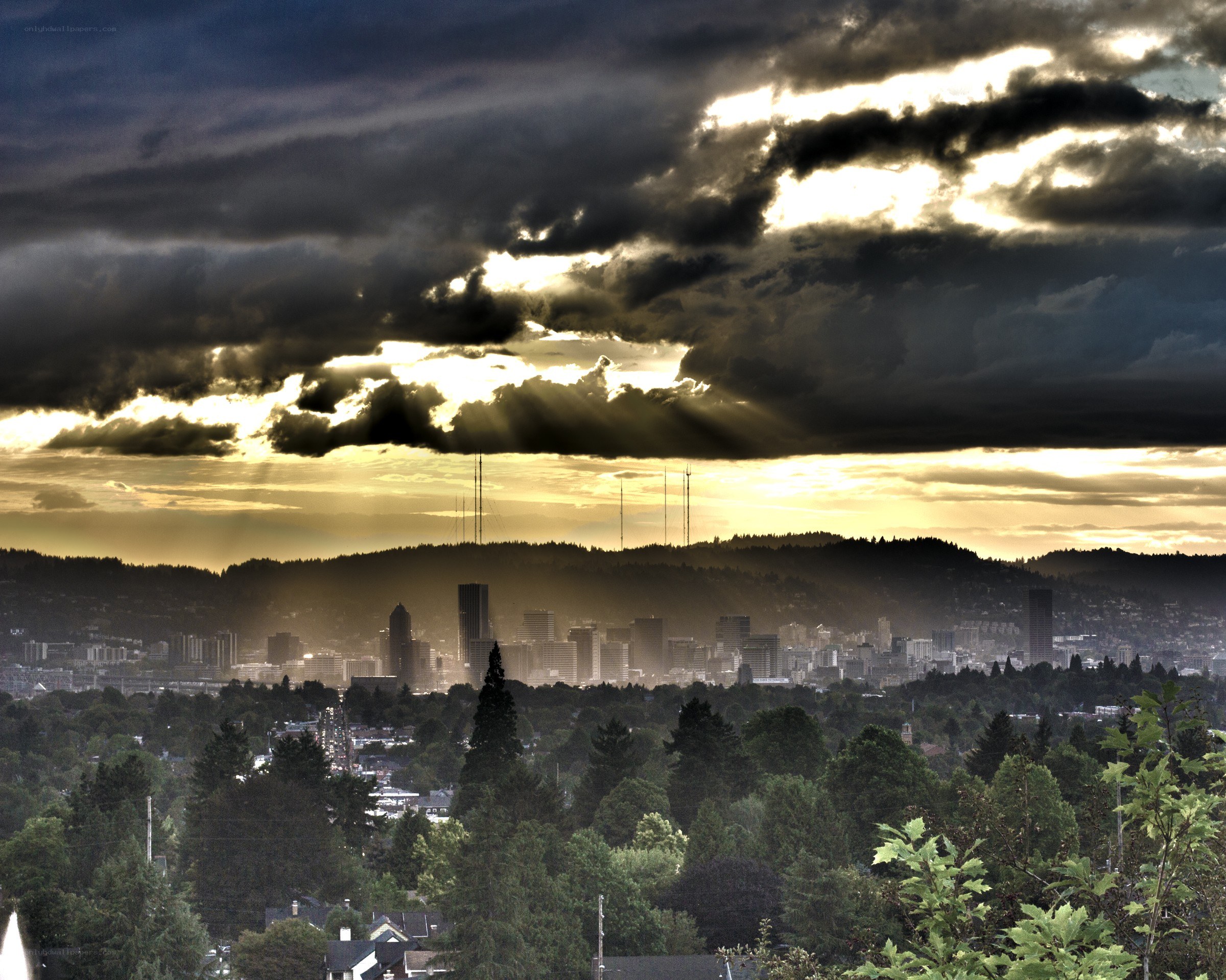 City skyline at sunset