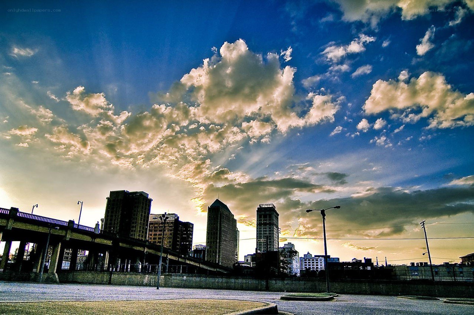 City skyline at sunset