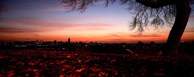 City skyline at sunset