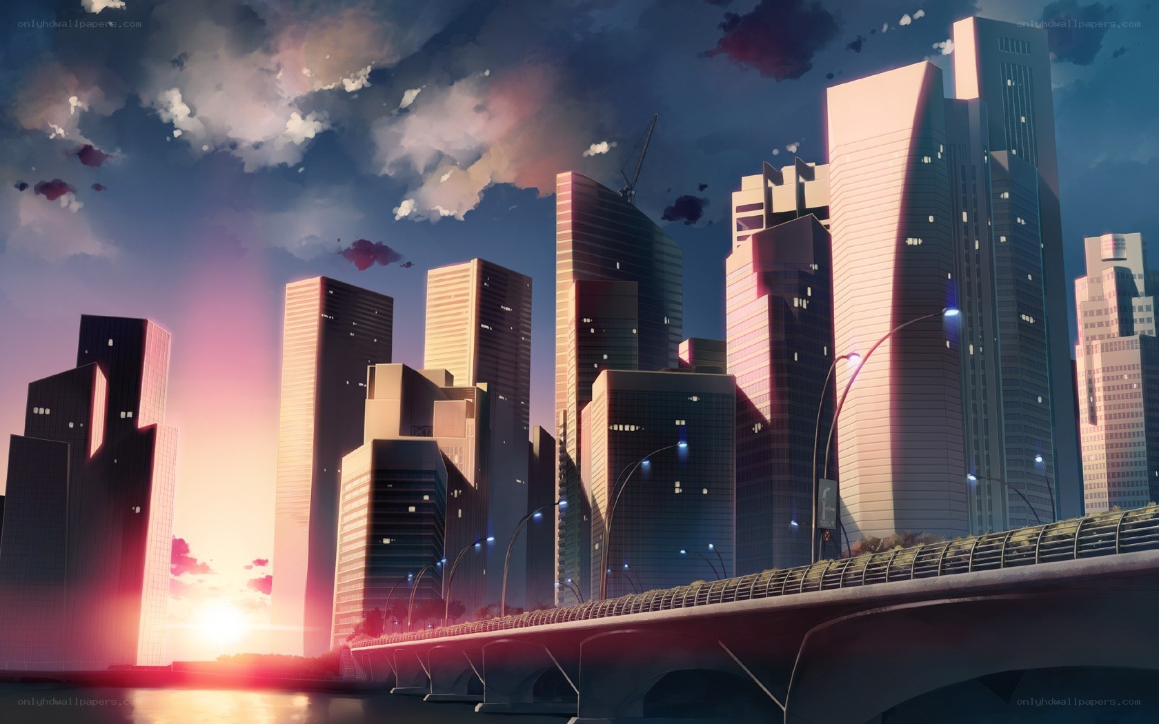 City skyline at sunset