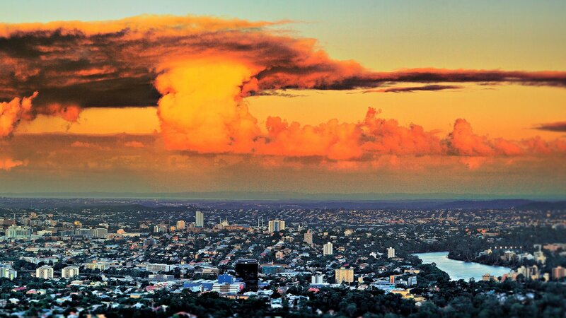 City skyline at sunset