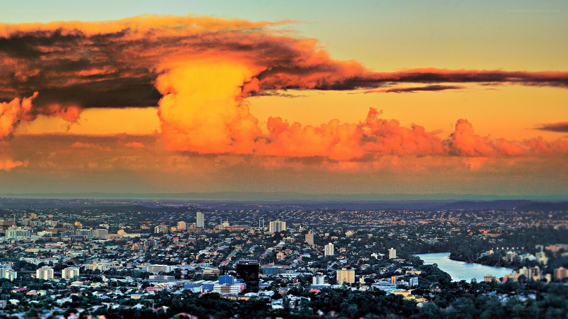 City skyline at sunset