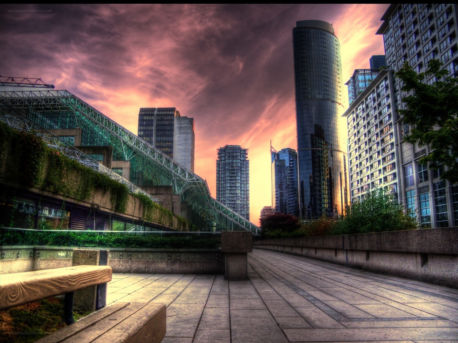 City skyline at sunset