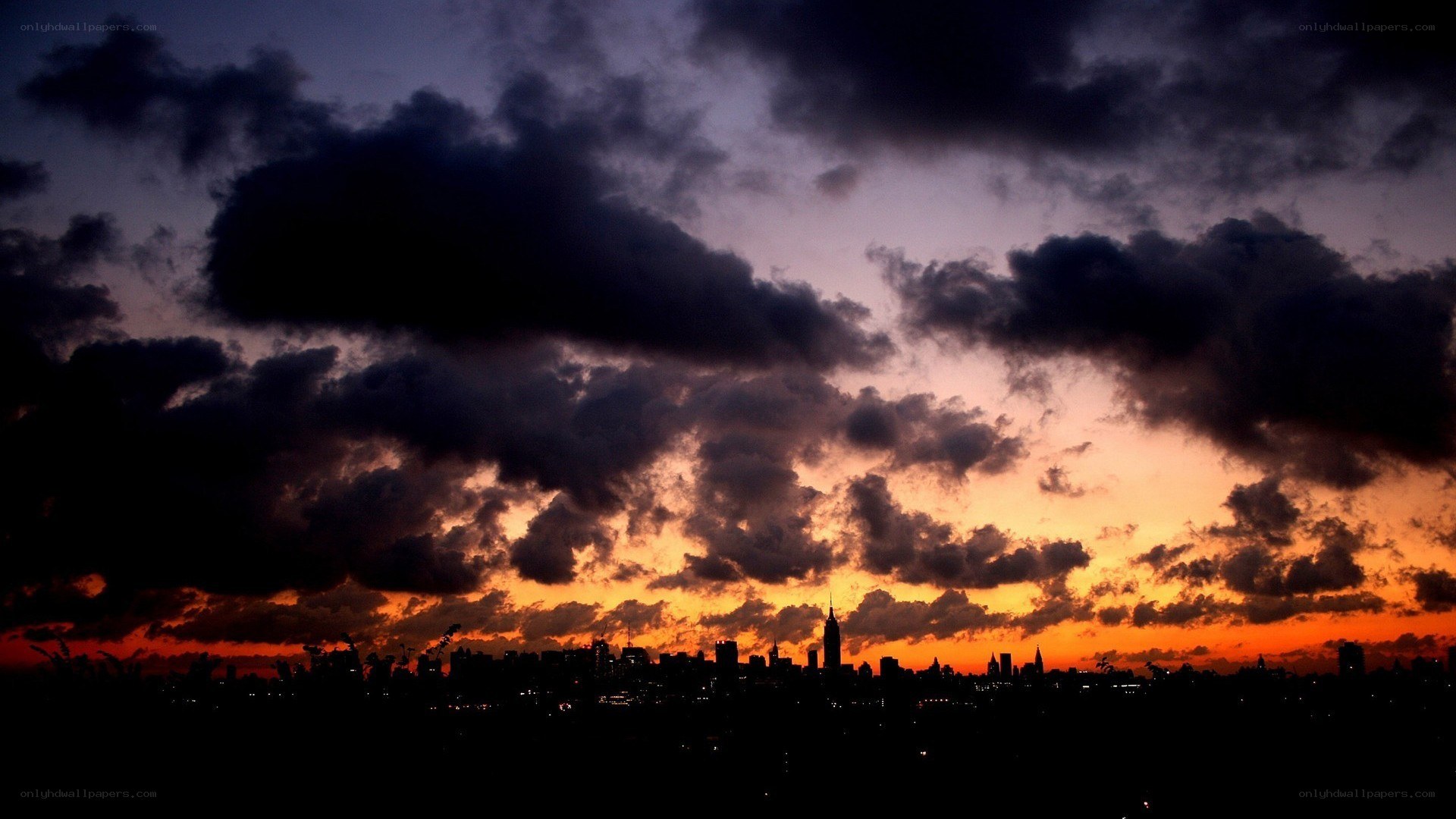 City skyline at sunset