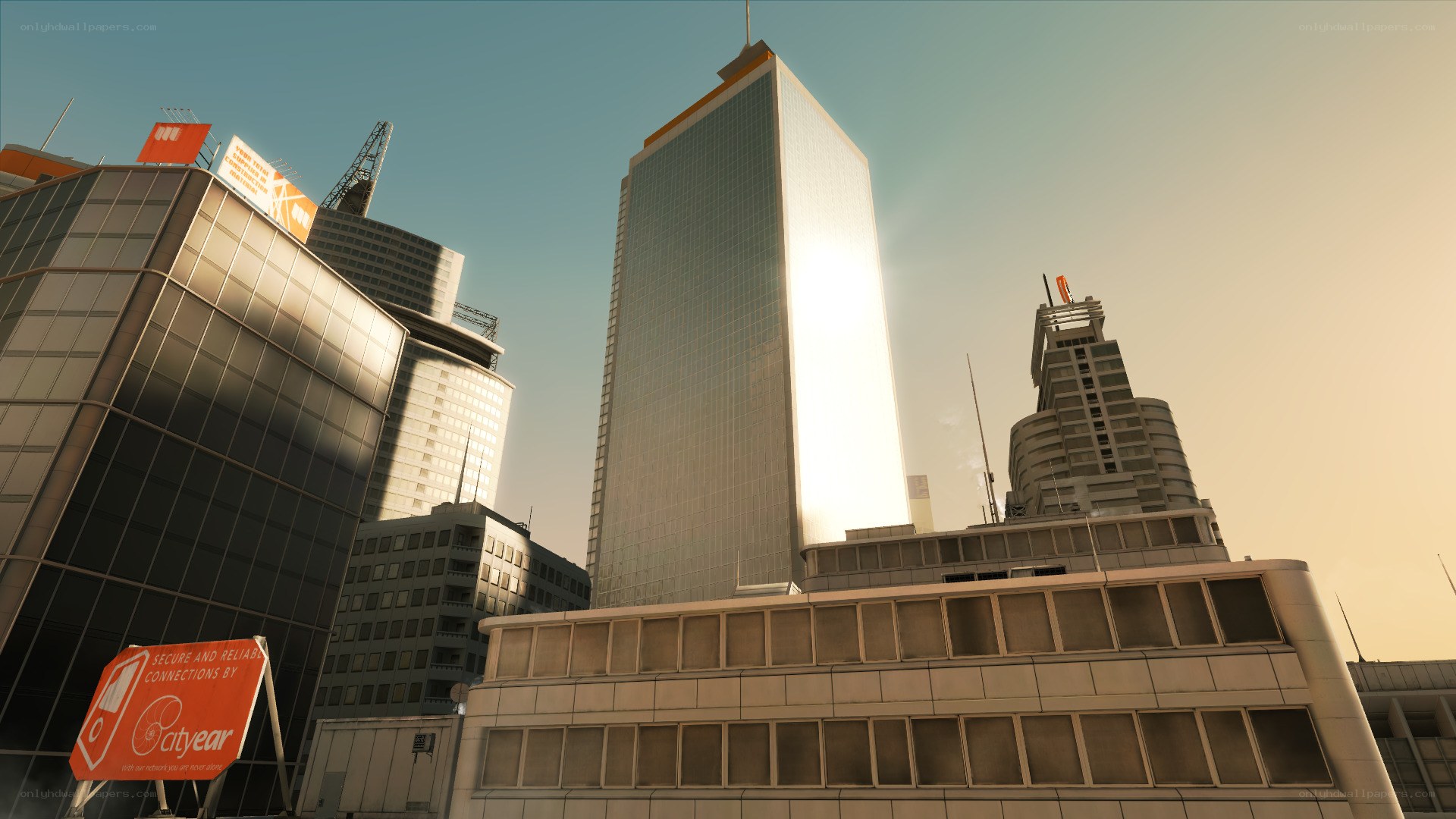 city skyline at sunset