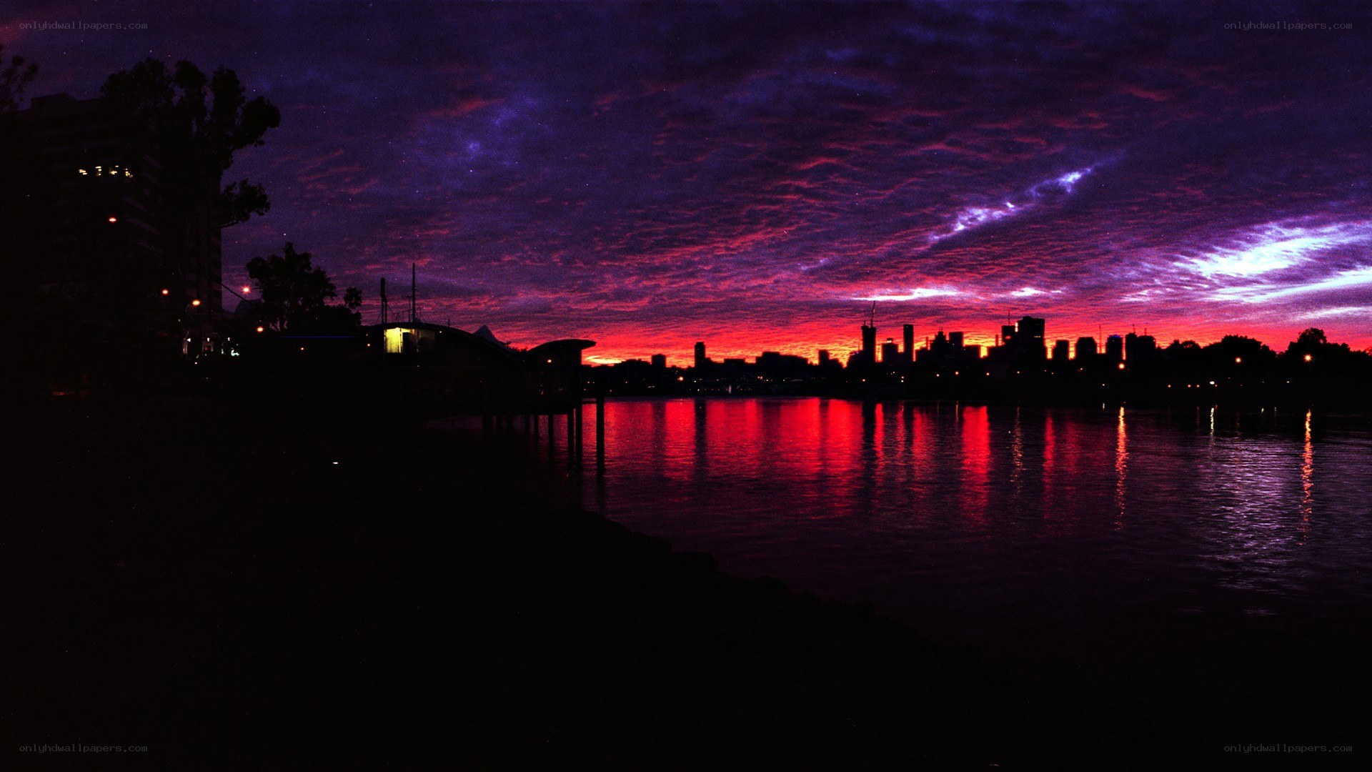 City skyline at sunset