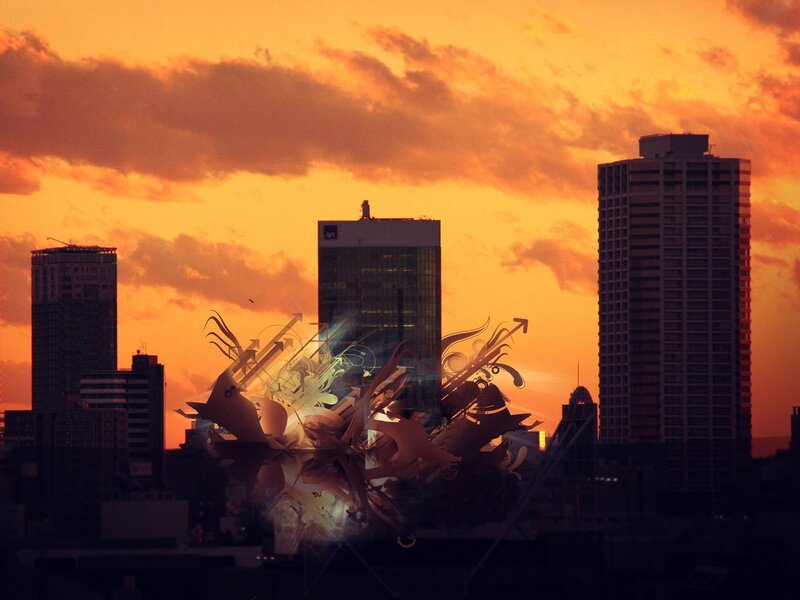 City skyline at sunset