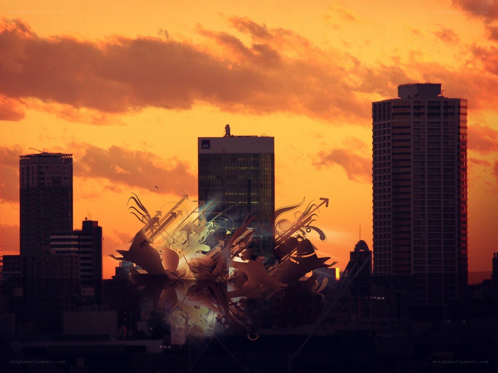 City skyline at sunset