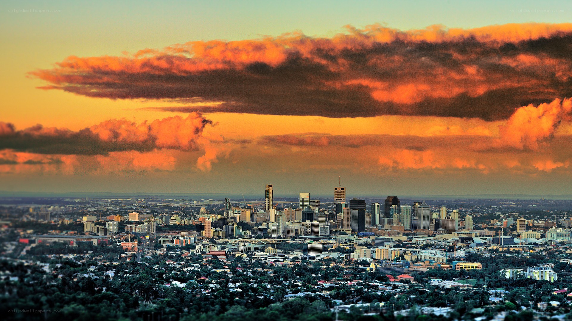 City skyline at sunset