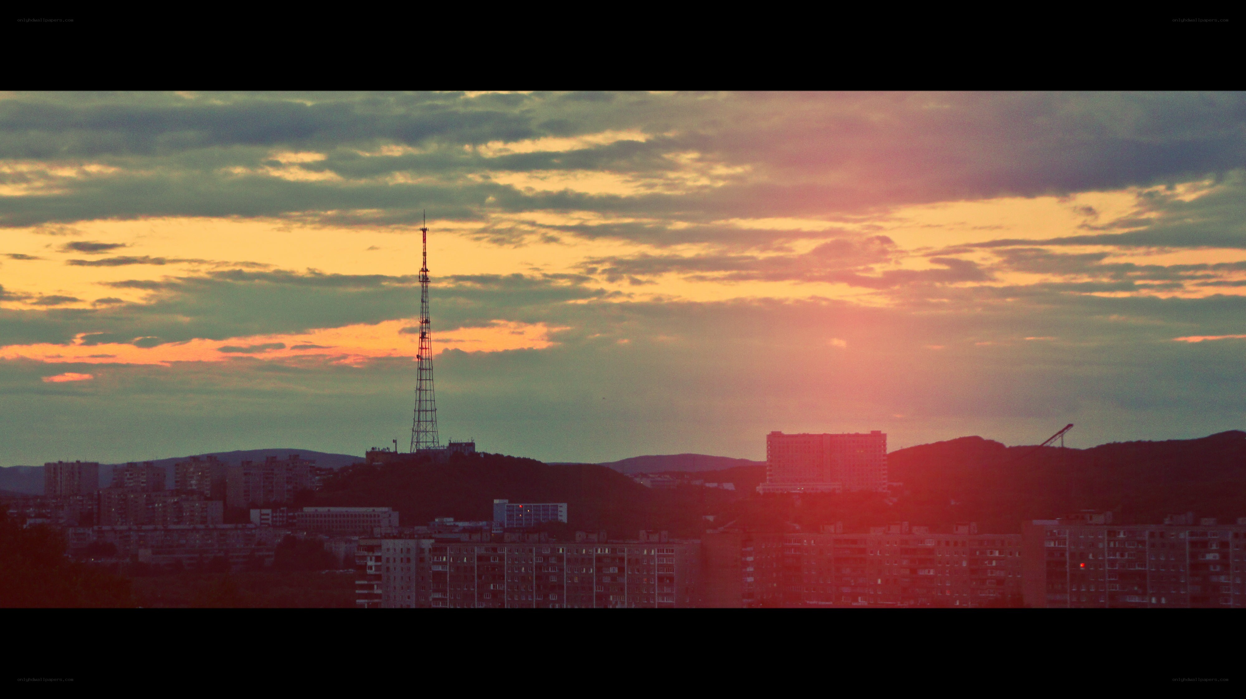 City skyline at sunset