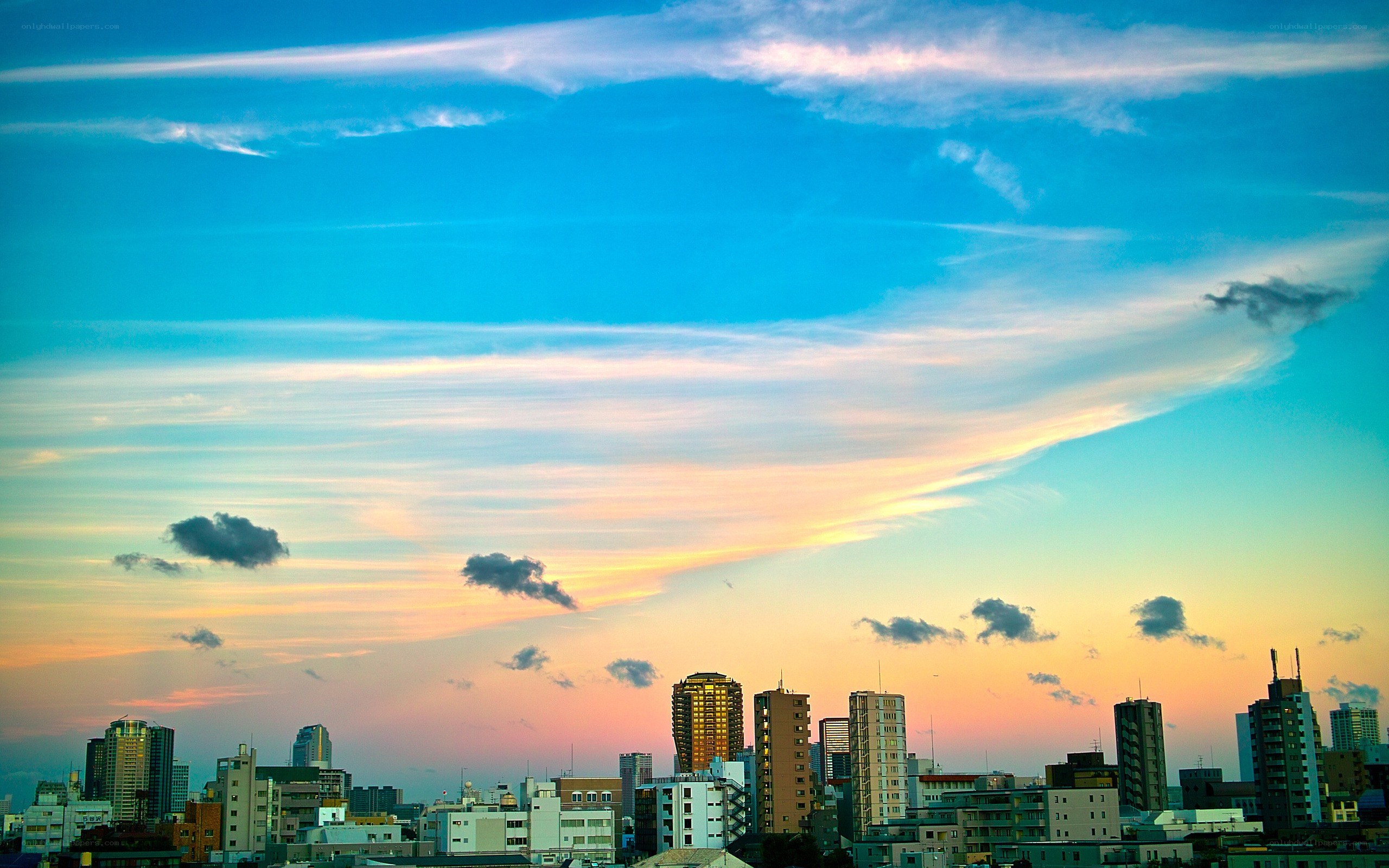 City skyline at sunset