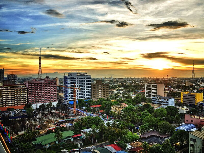 City skyline at sunset