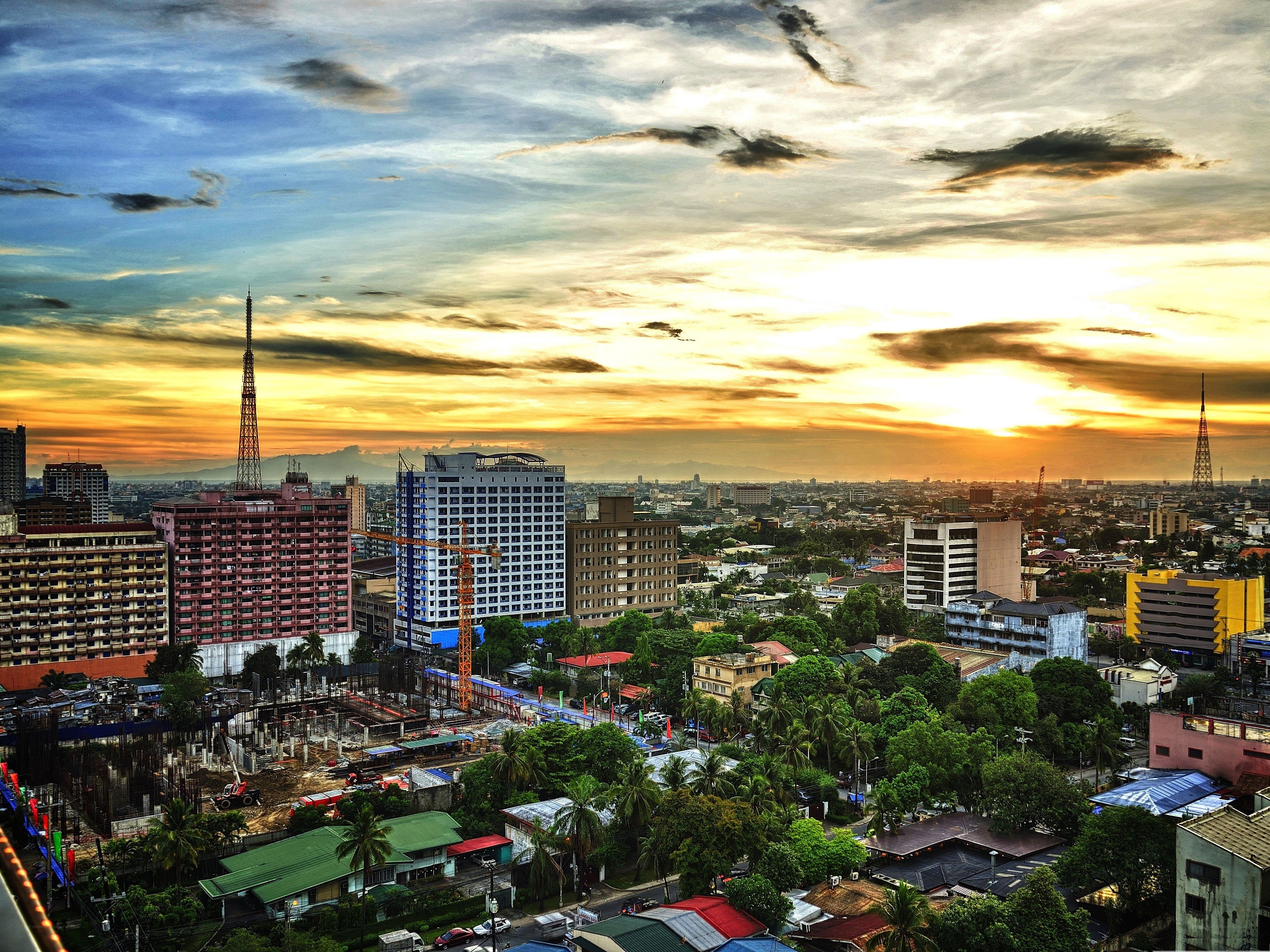 City skyline at sunset