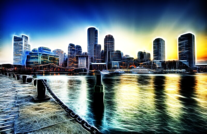 City Skyline at Sunset — Blue, Dramatic, Digital Art, Buildings