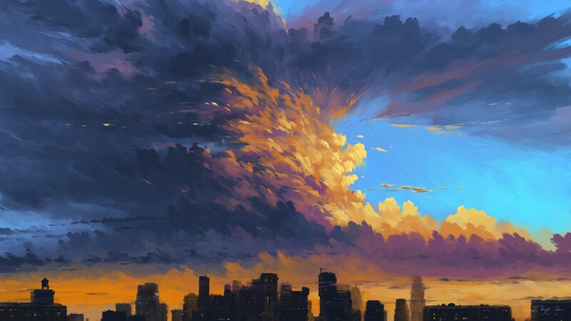City Skyline at Sunset — Blue, Dramatic, Digital Art, Sky