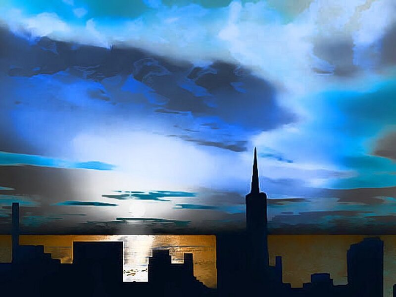 City Skyline at Sunset — Blue, Dramatic, Digital Art, Skyscraper