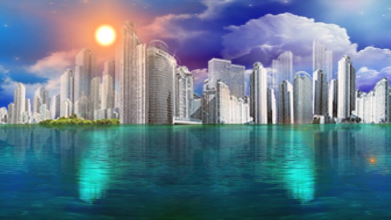 City Skyline at Sunset — Blue, Dramatic, Digital Art