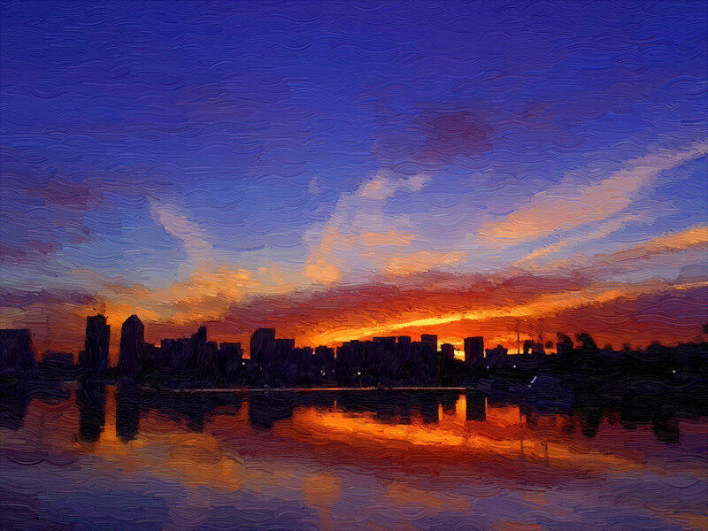 City Skyline at Sunset — Blue, Dramatic, Painting