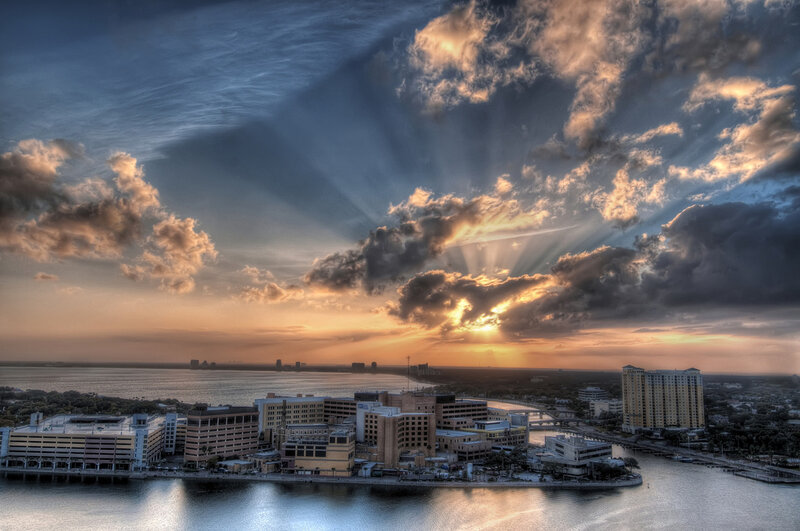 City Skyline at Sunset — Blue, Dramatic, Photograph, Clouds