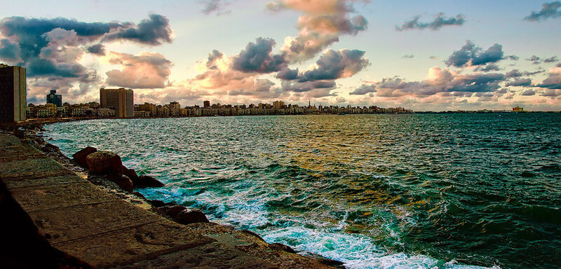 City Skyline at Sunset — Blue, Dramatic, Photograph, Ocean