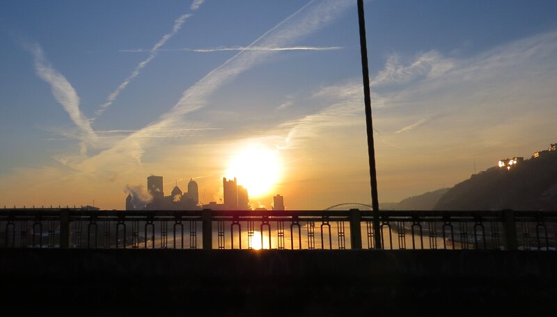 City Skyline at Sunset — Blue, Dramatic, Photograph, River
