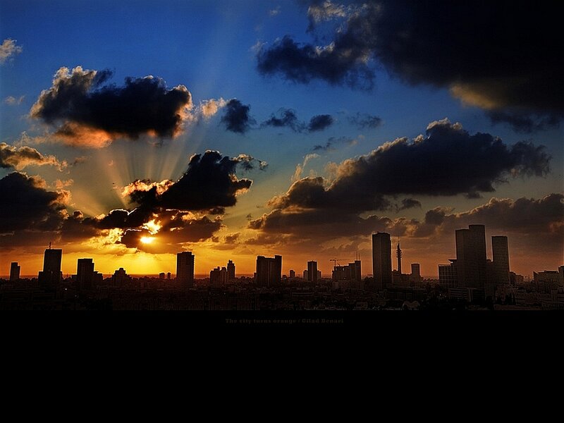 City Skyline at Sunset — Blue, Dramatic, Photograph, Sky, Clouds