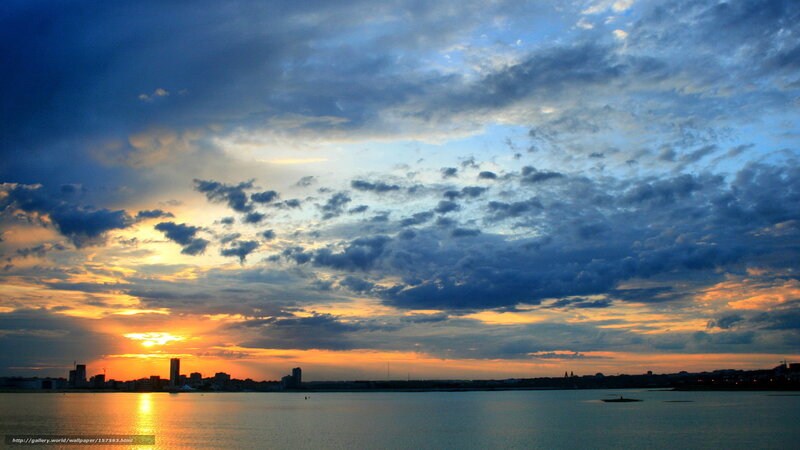 City Skyline at Sunset — Blue, Dramatic, Photograph, Sky, Clouds, Water