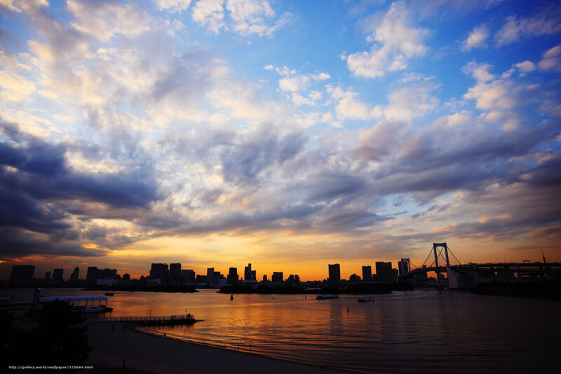 City Skyline at Sunset — Blue, Dramatic, Photograph, Sky, River
