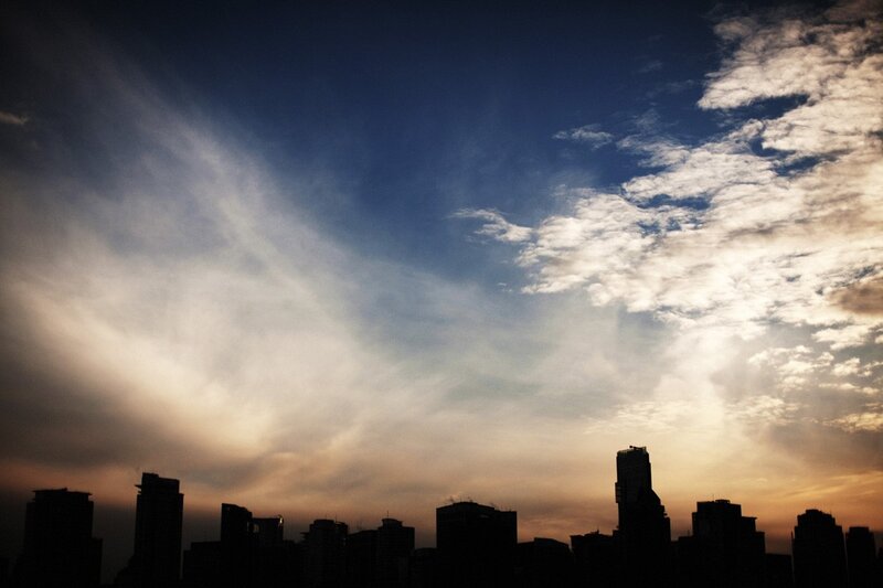 City Skyline at Sunset — Blue, Dramatic, Photograph, Skyscraper
