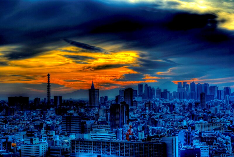 City Skyline at Sunset — Blue, Dramatic, Photograph, Skyscrapers, Clouds