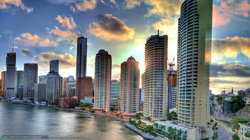 City Skyline at Sunset — Blue, Dramatic, Photograph, Skyscrapers, River