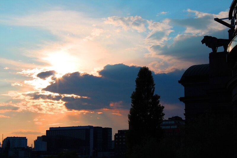City Skyline at Sunset — Blue, Dramatic, Photograph, Sun