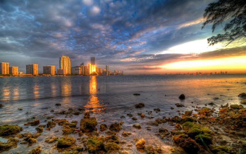 City Skyline at Sunset — Blue, Dramatic, Photograph, Water