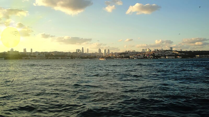 City Skyline at Sunset — Blue, Serene, Photograph, Sea