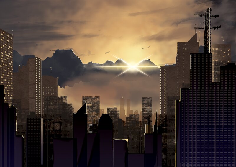 City Skyline at Sunset — Brown, Dramatic
